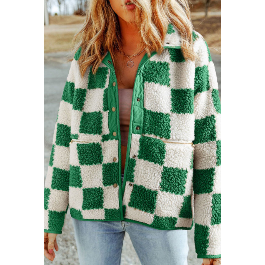 Checkered Snap Down Long Sleeve Jacket Green / S Apparel and Accessories