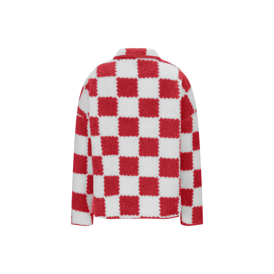 Checkered Snap Down Long Sleeve Teddy Jacket Apparel and Accessories