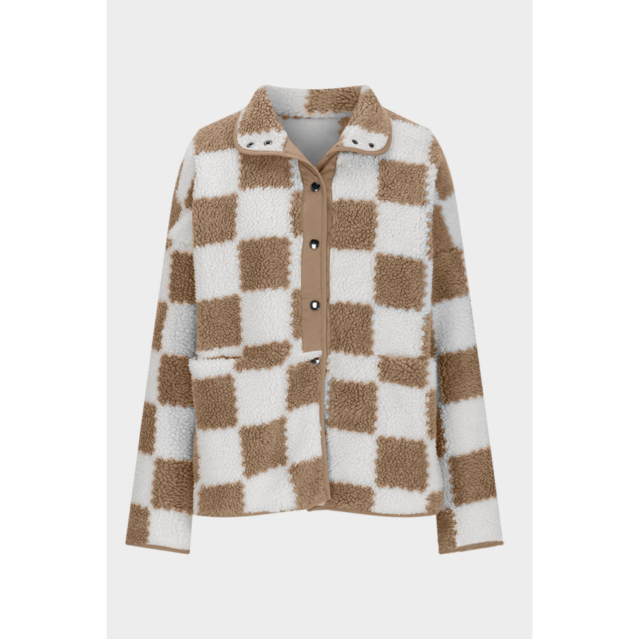 Checkered Snap Down Long Sleeve Teddy Jacket Apparel and Accessories