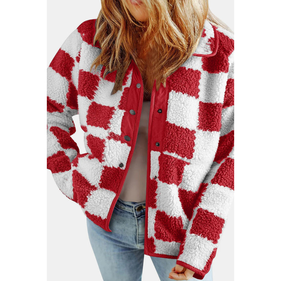 Checkered Snap Down Long Sleeve Teddy Jacket Apparel and Accessories