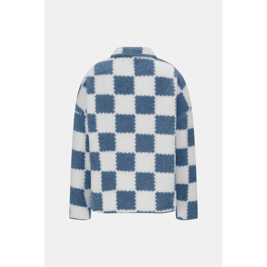 Checkered Snap Down Long Sleeve Teddy Jacket Apparel and Accessories