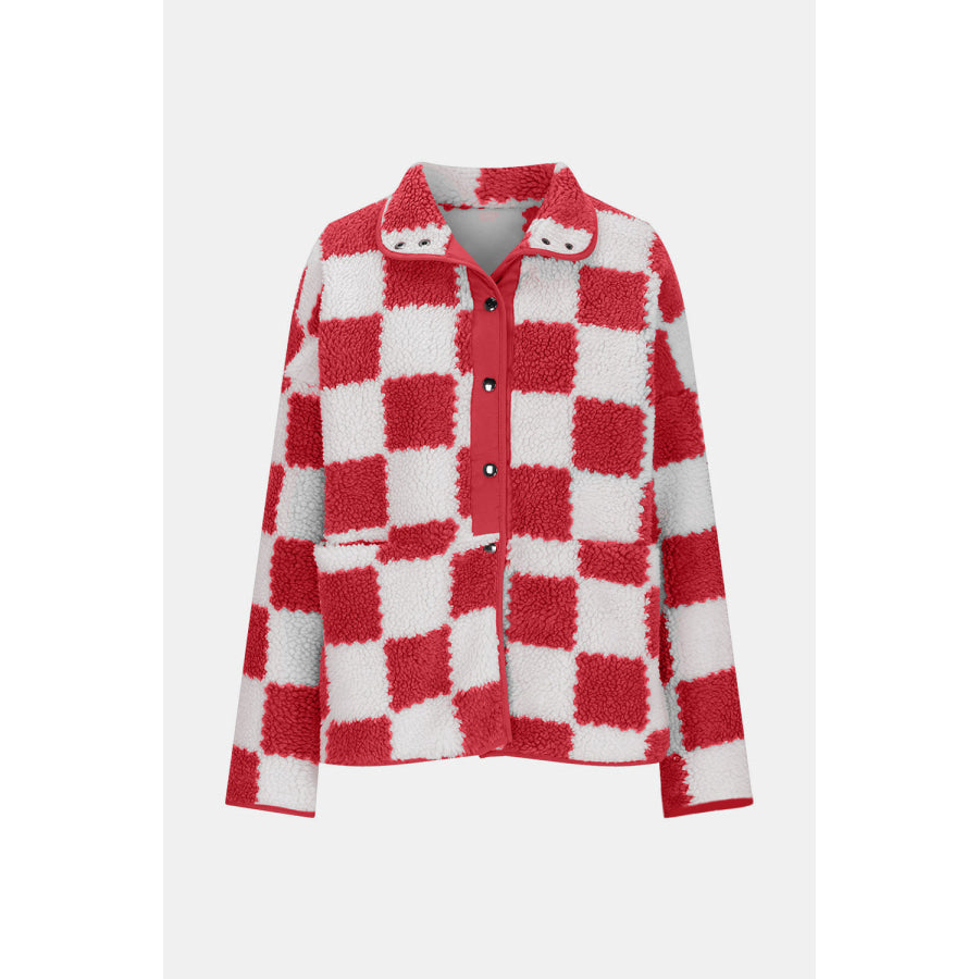 Checkered Snap Down Long Sleeve Teddy Jacket Apparel and Accessories