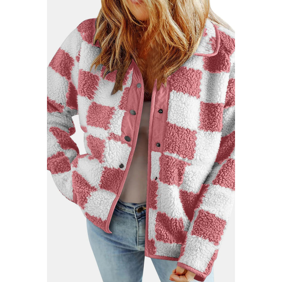 Checkered Snap Down Long Sleeve Teddy Jacket Apparel and Accessories