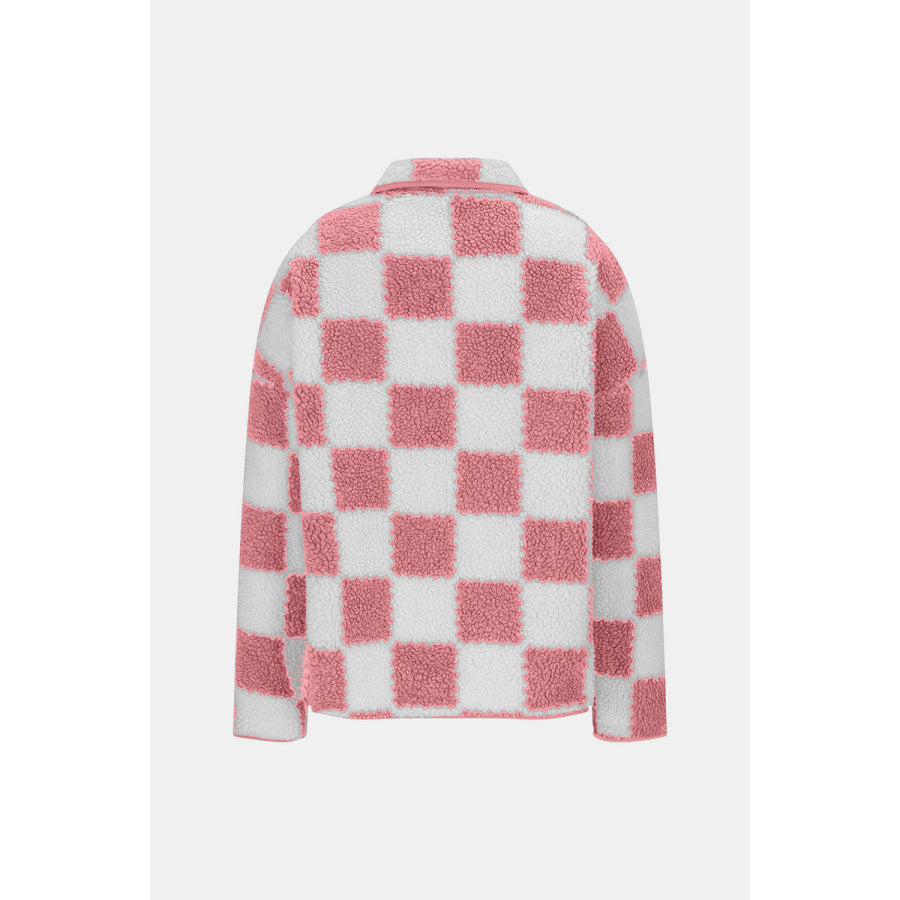 Checkered Snap Down Long Sleeve Teddy Jacket Apparel and Accessories