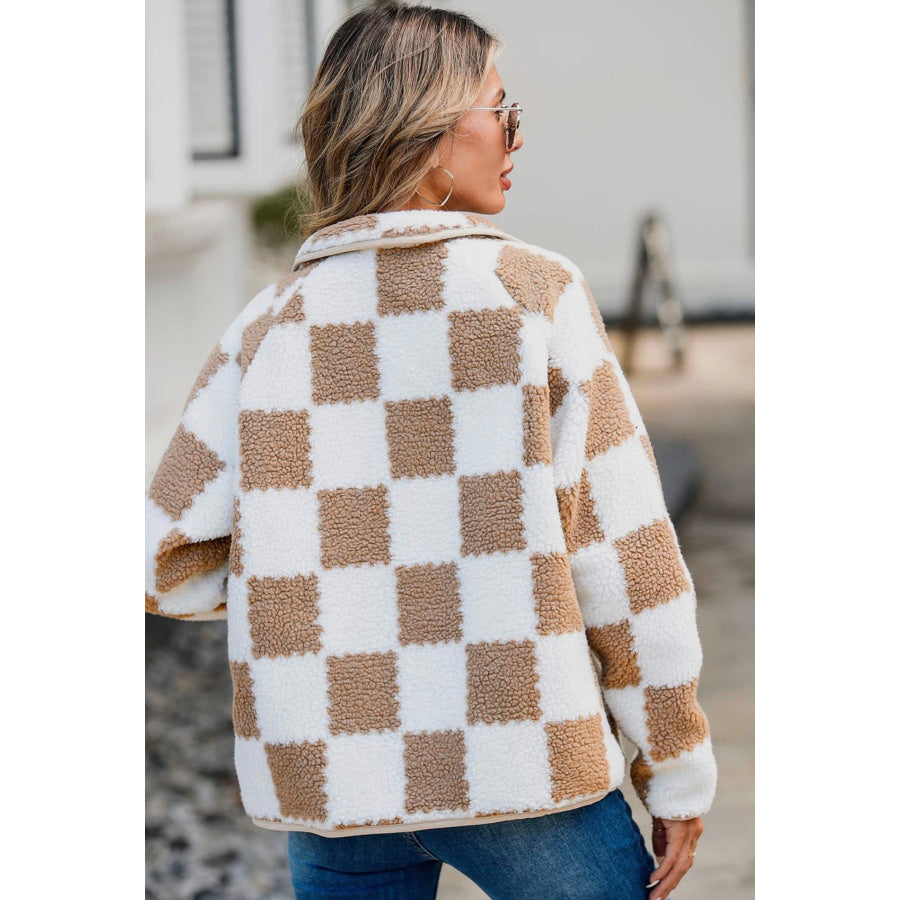 Checkered Snap Down Long Sleeve Teddy Jacket Tan / S Apparel and Accessories