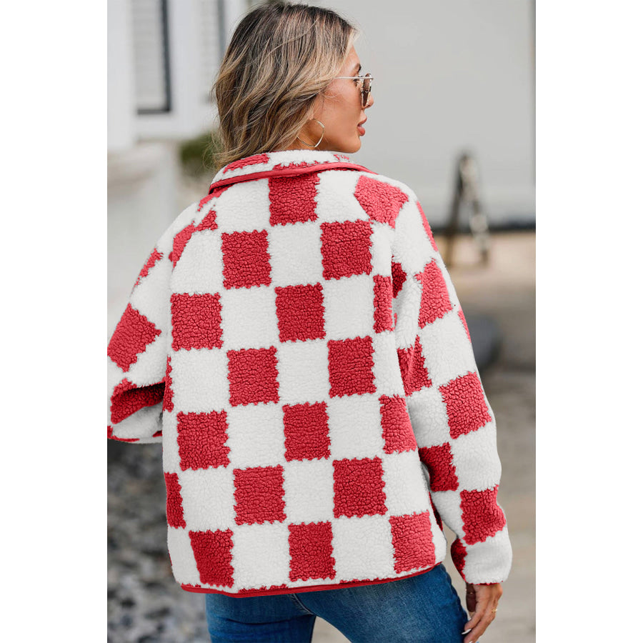 Checkered Snap Down Long Sleeve Teddy Jacket Apparel and Accessories