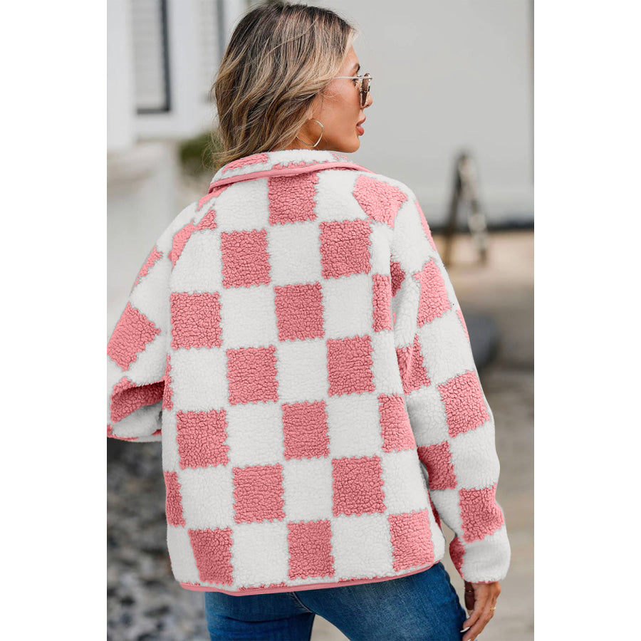 Checkered Snap Down Long Sleeve Teddy Jacket Apparel and Accessories