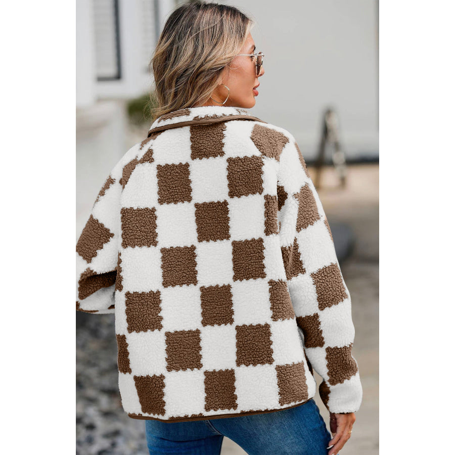 Checkered Snap Down Long Sleeve Teddy Jacket Apparel and Accessories