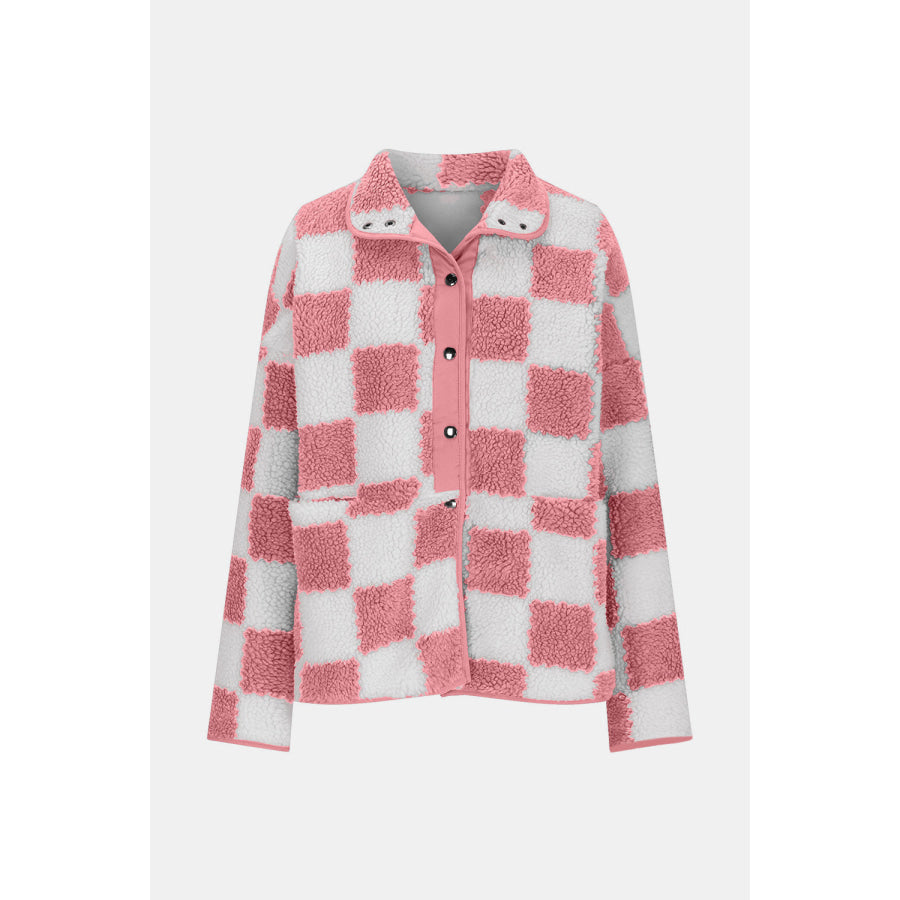 Checkered Snap Down Long Sleeve Teddy Jacket Apparel and Accessories