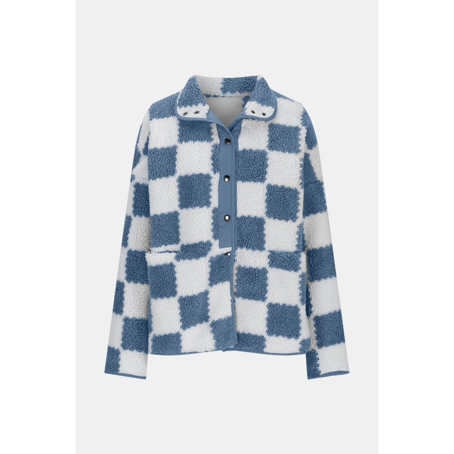 Checkered Snap Down Long Sleeve Teddy Jacket Apparel and Accessories