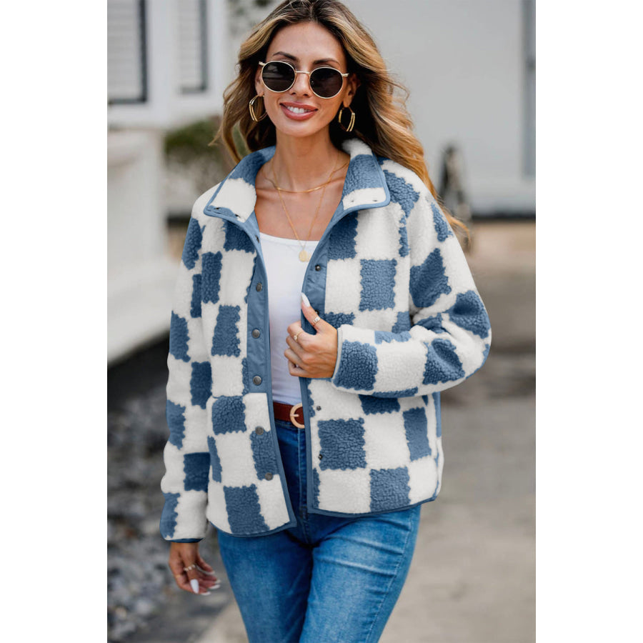 Checkered Snap Down Long Sleeve Teddy Jacket Blue / S Apparel and Accessories