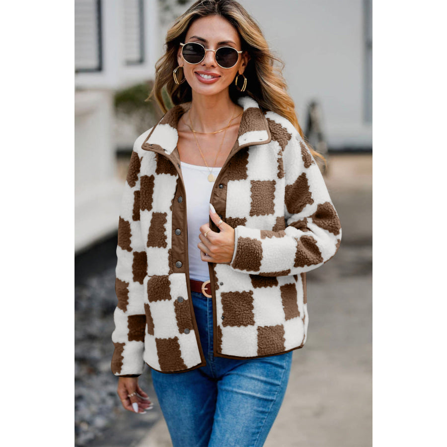 Checkered Snap Down Long Sleeve Teddy Jacket Brown / S Apparel and Accessories