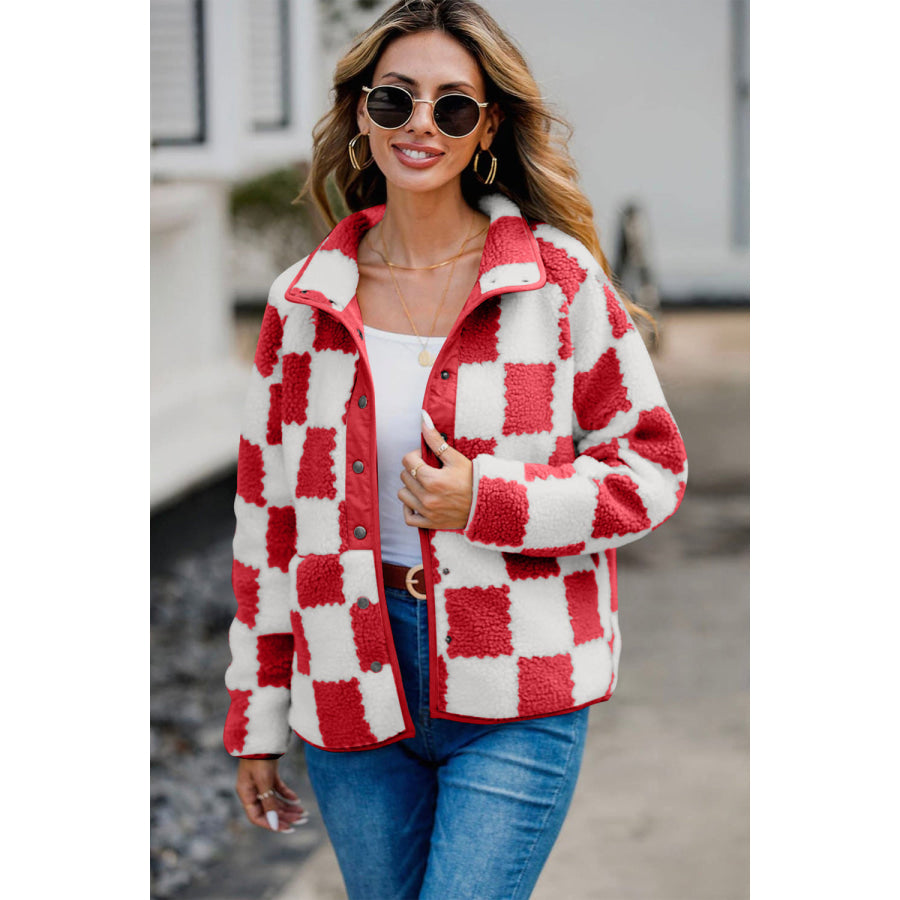 Checkered Snap Down Long Sleeve Teddy Jacket Deep Red / S Apparel and Accessories