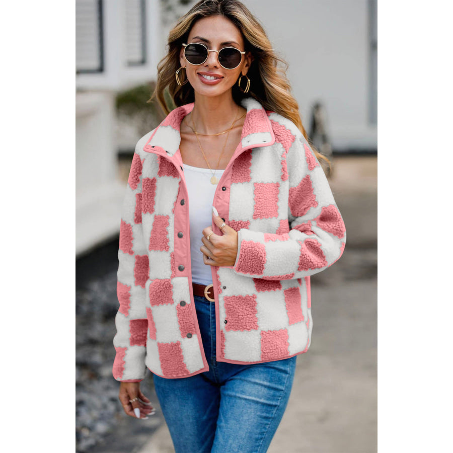 Checkered Snap Down Long Sleeve Teddy Jacket Pink / S Apparel and Accessories