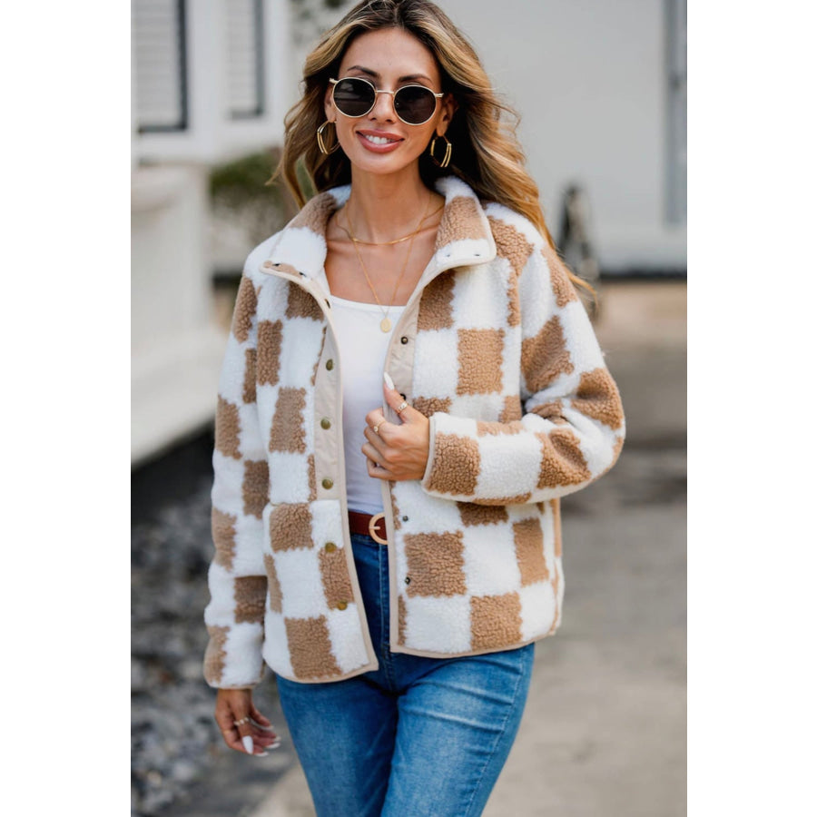 Checkered Snap Down Long Sleeve Teddy Jacket Tan / S Apparel and Accessories