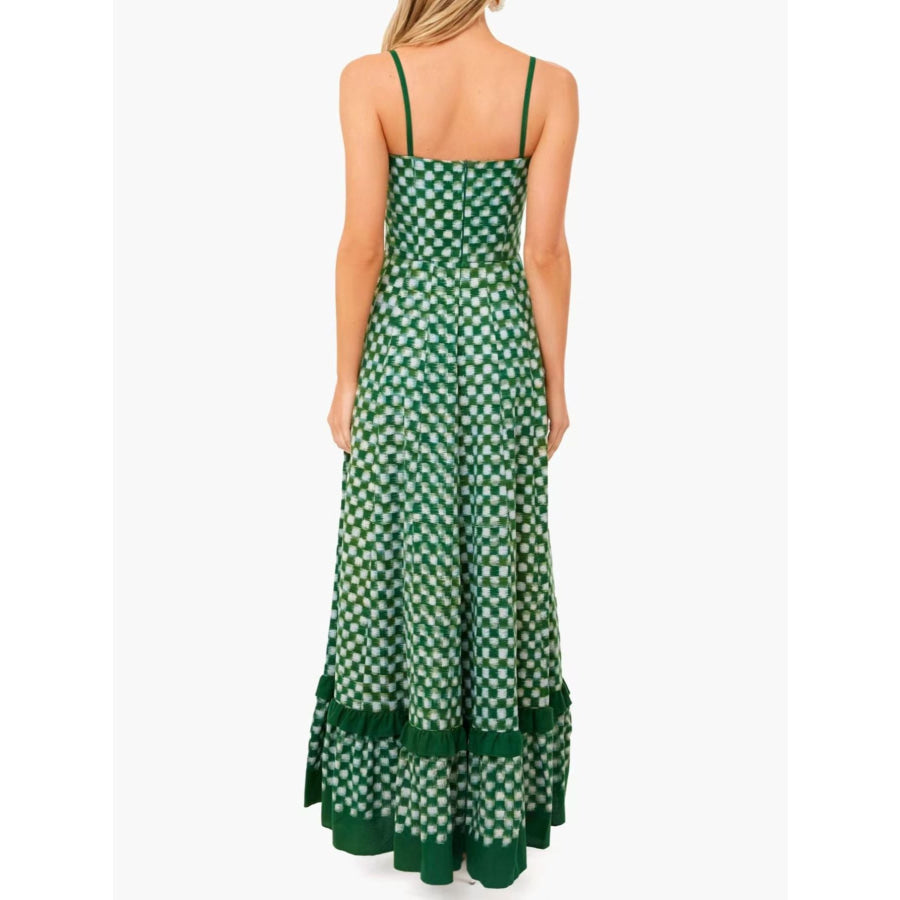 Checkered Spaghetti Strap Maxi Dress Green / S Apparel and Accessories