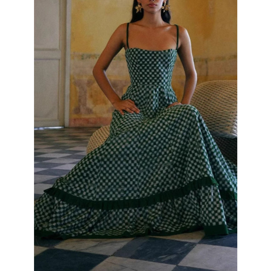 Checkered Spaghetti Strap Maxi Dress Apparel and Accessories