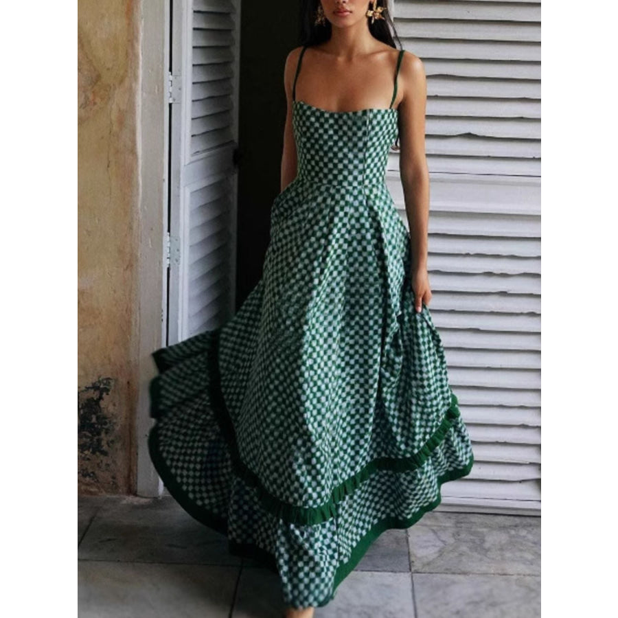 Checkered Spaghetti Strap Maxi Dress Apparel and Accessories