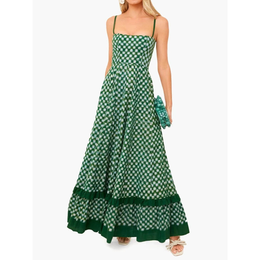 Checkered Spaghetti Strap Maxi Dress Green / S Apparel and Accessories