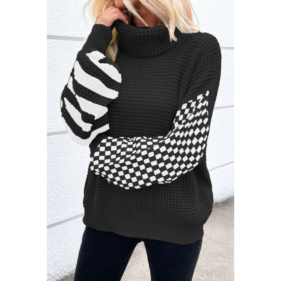 Checkered Striped Turtleneck Long Sleeve Sweater Apparel and Accessories