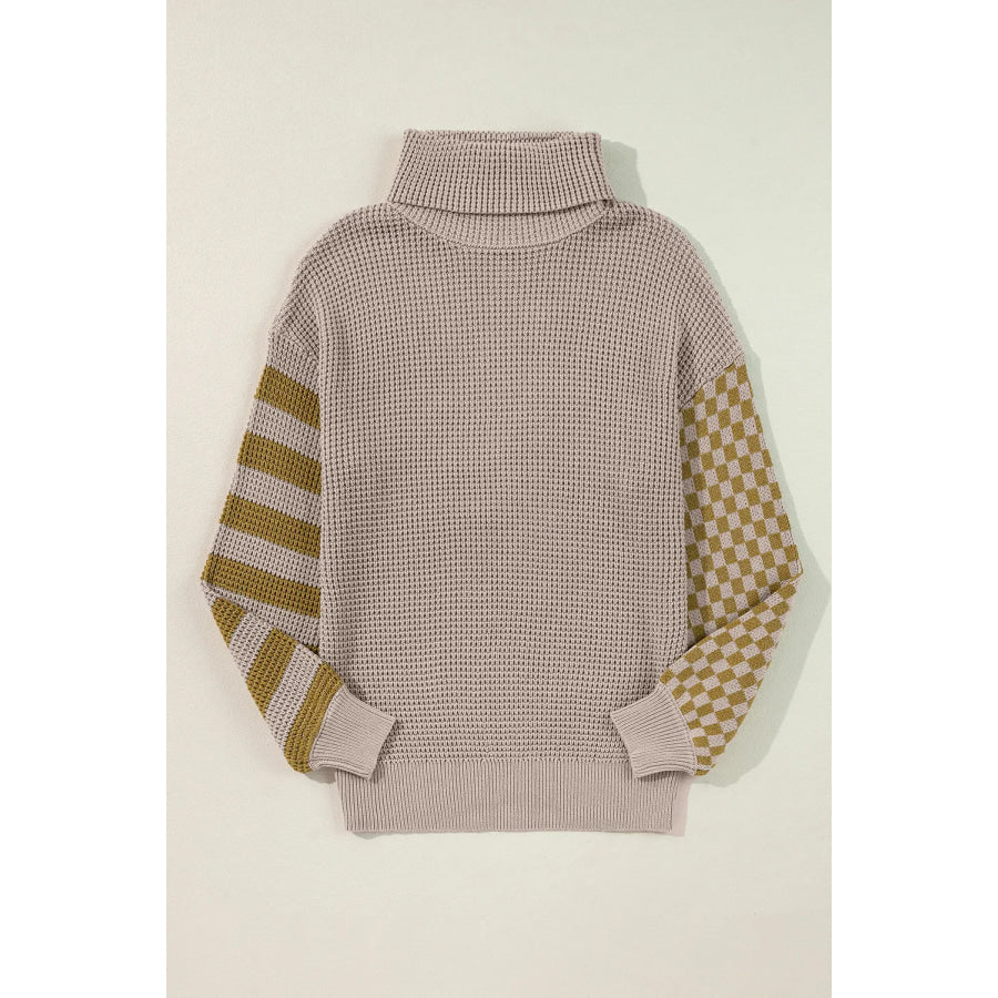 Checkered Striped Turtleneck Long Sleeve Sweater Apparel and Accessories