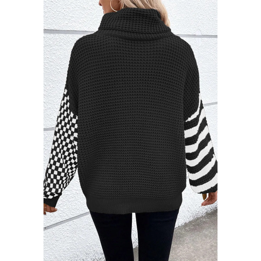 Checkered Striped Turtleneck Long Sleeve Sweater Apparel and Accessories