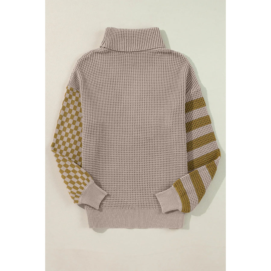 Checkered Striped Turtleneck Long Sleeve Sweater Apparel and Accessories