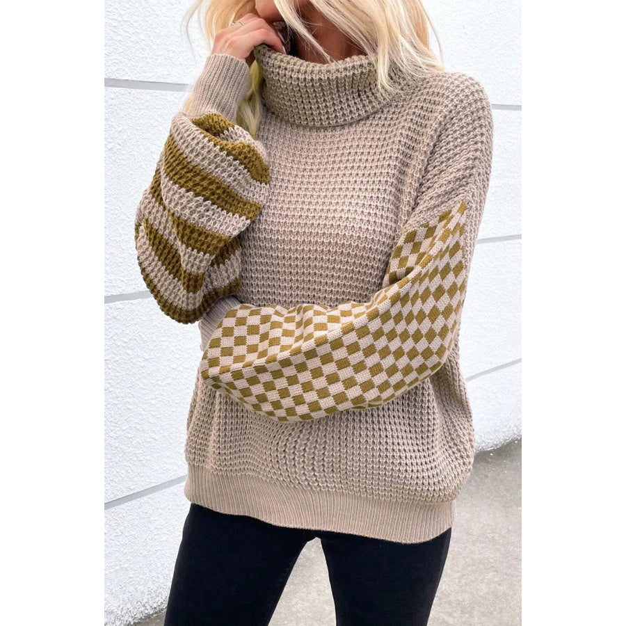 Checkered Striped Turtleneck Long Sleeve Sweater Apparel and Accessories