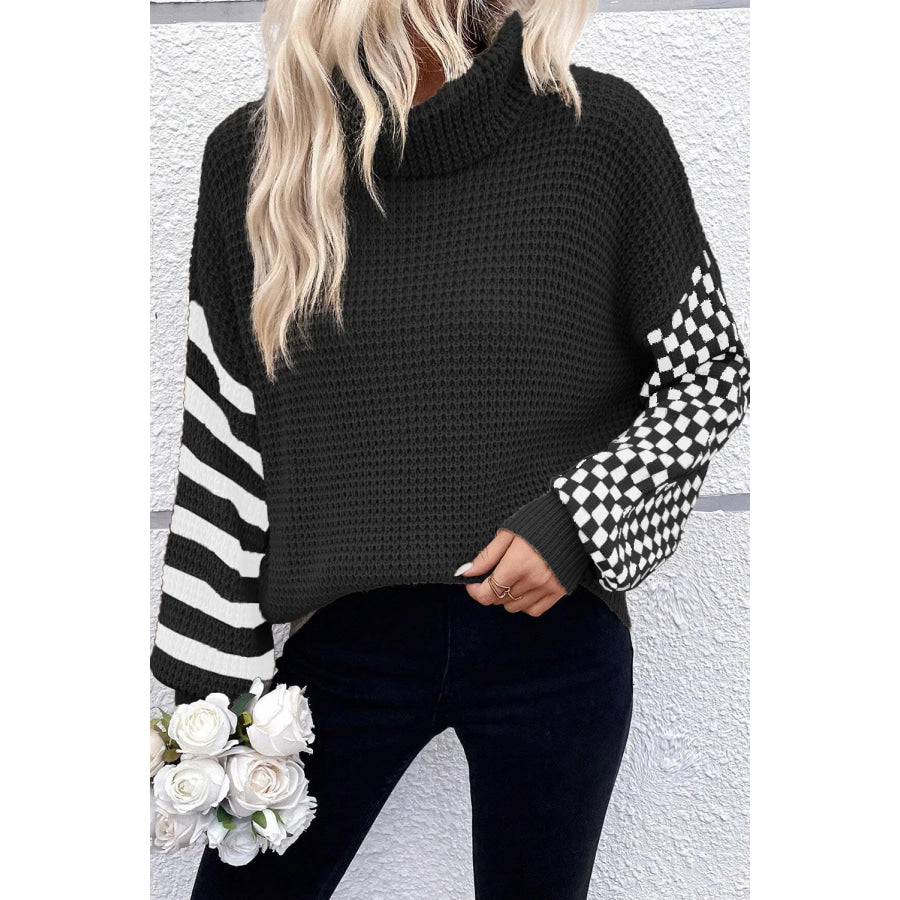 Checkered Striped Turtleneck Long Sleeve Sweater Black / S Apparel and Accessories