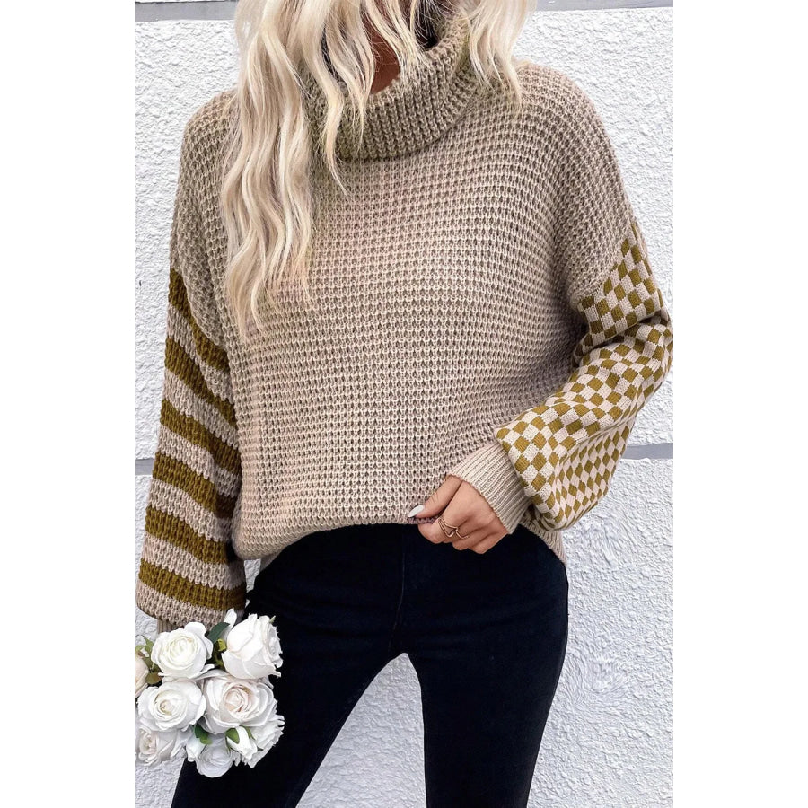 Checkered Striped Turtleneck Long Sleeve Sweater Mocha / S Apparel and Accessories