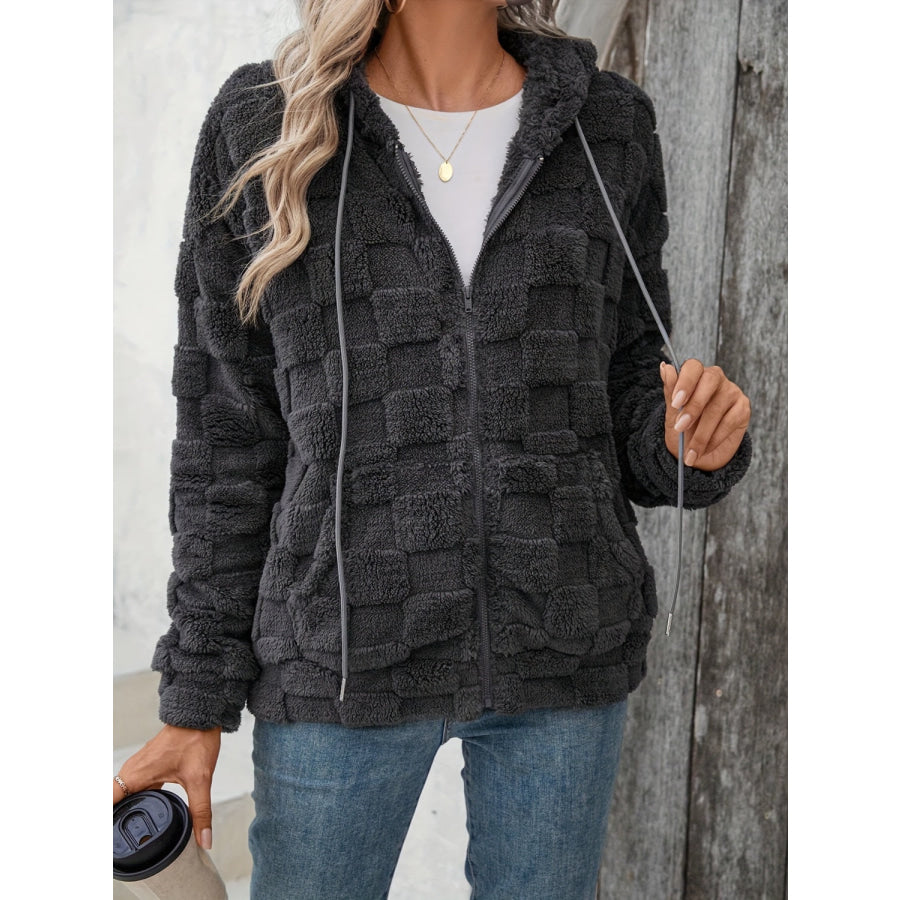 Checkered Texture Zip Up Drawstring Fuzzy Jacket Apparel and Accessories