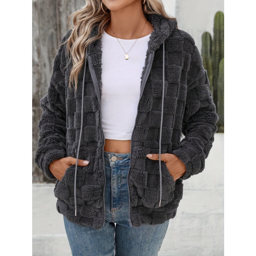 Checkered Texture Zip Up Drawstring Fuzzy Jacket Dark Gray / S Apparel and Accessories