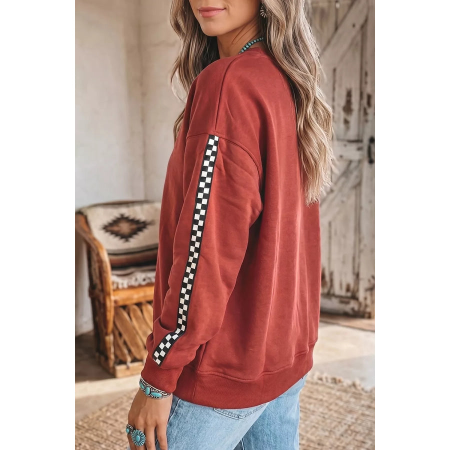 Checkered Trim Long Sleeve Round Neck Shift Sweatshirt Apparel and Accessories