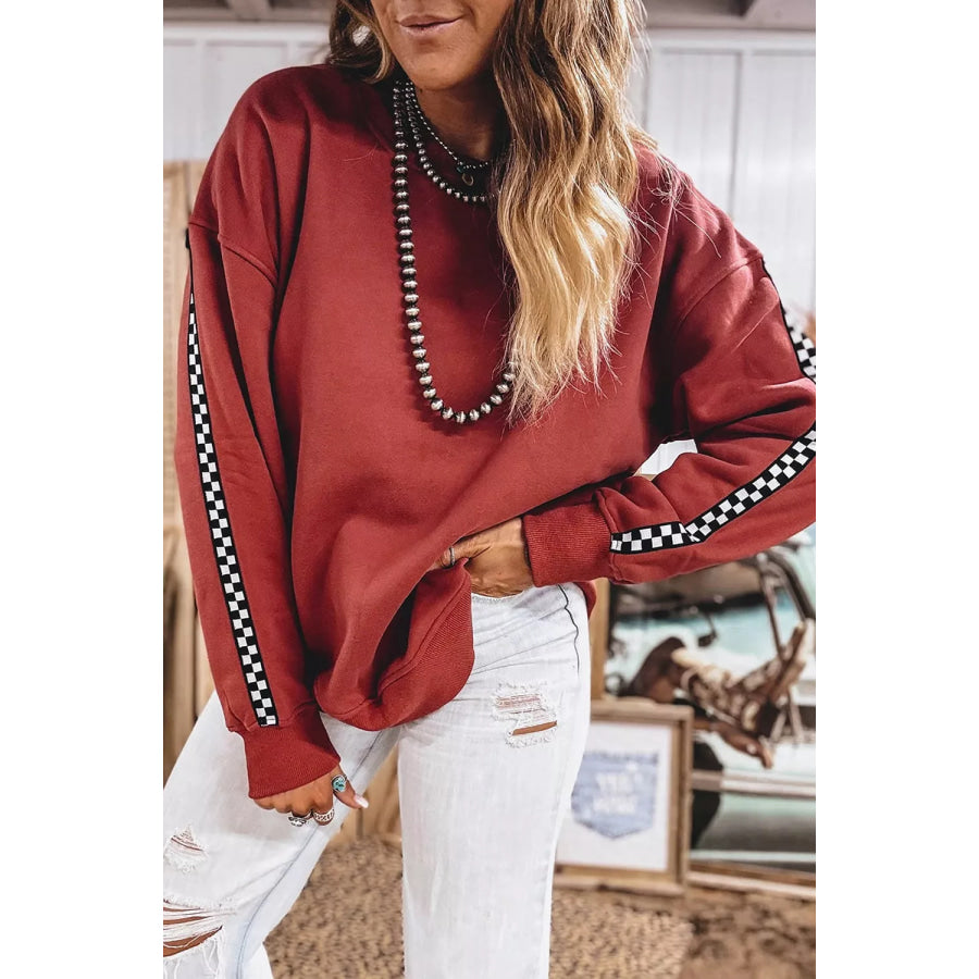 Checkered Trim Long Sleeve Round Neck Shift Sweatshirt Apparel and Accessories