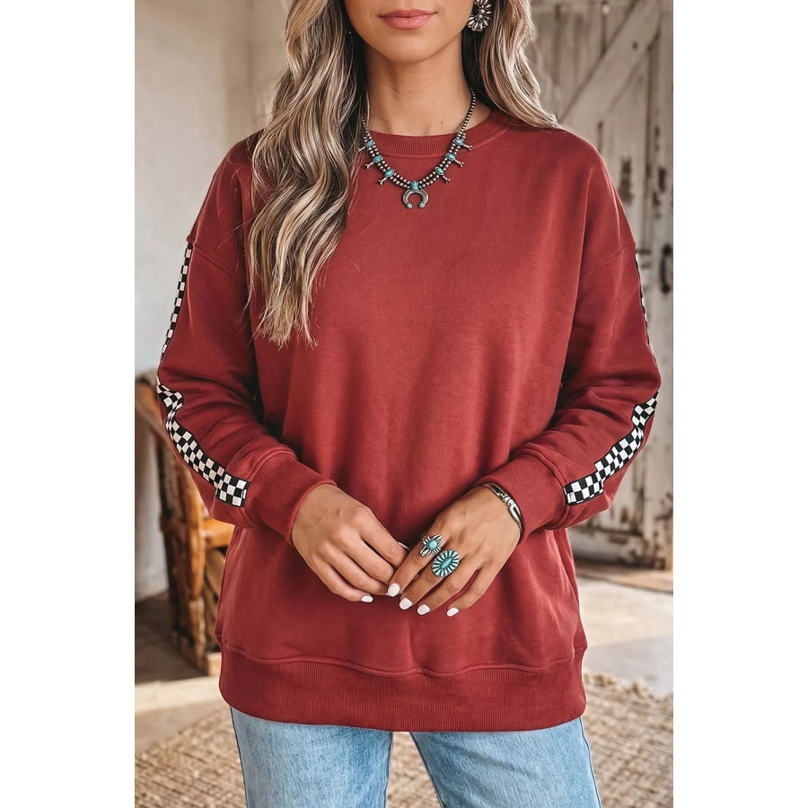 Checkered Trim Long Sleeve Round Neck Shift Sweatshirt Rust / S Apparel and Accessories