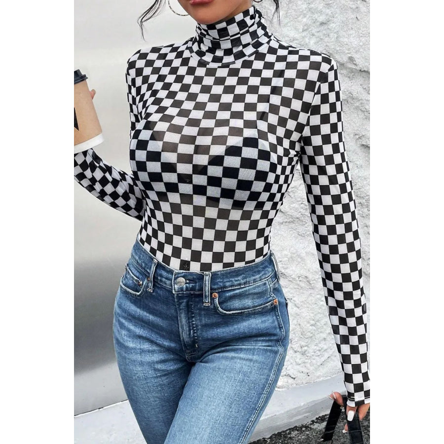 Checkered Turtleneck Long Sleeve Bodysuit Apparel and Accessories