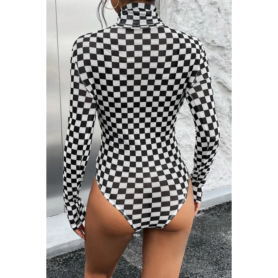 Checkered Turtleneck Long Sleeve Bodysuit Apparel and Accessories