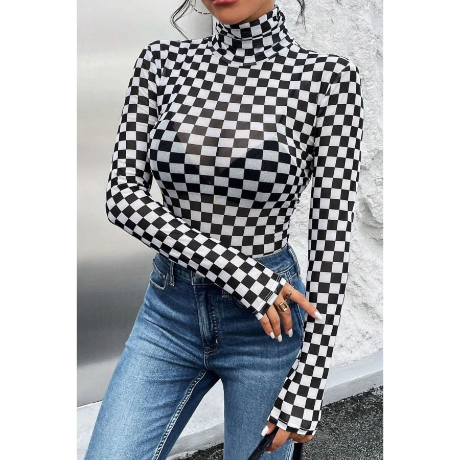 Checkered Turtleneck Long Sleeve Bodysuit Black / S Apparel and Accessories