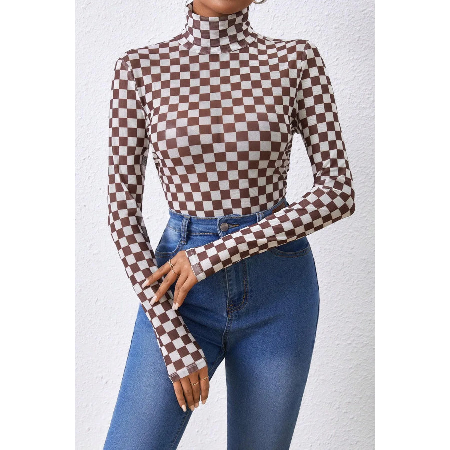 Checkered Turtleneck Long Sleeve Bodysuit Dark Brown / S Apparel and Accessories