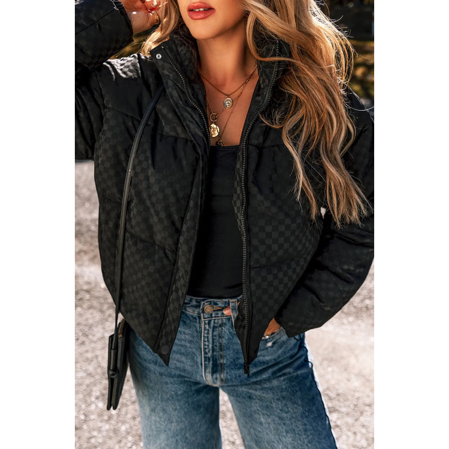 Checkered Turtleneck Zip Up Long Sleeve Winter Coat Apparel and Accessories