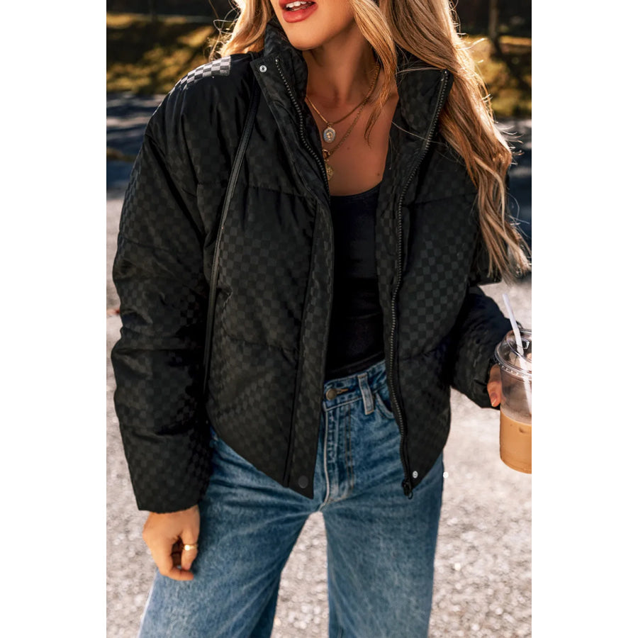 Checkered Turtleneck Zip Up Long Sleeve Winter Coat Black / S Apparel and Accessories