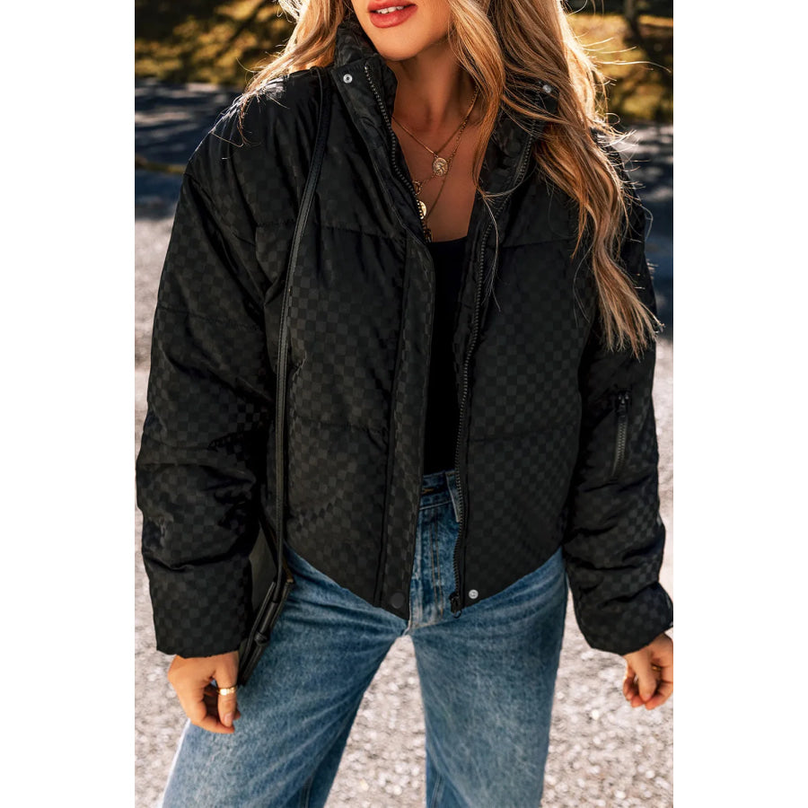 Checkered Turtleneck Zip Up Long Sleeve Winter Coat Black / S Apparel and Accessories