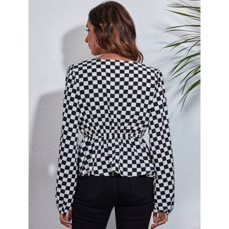 Checkered V-Neck Balloon Sleeve Peplum Blouse Clothing