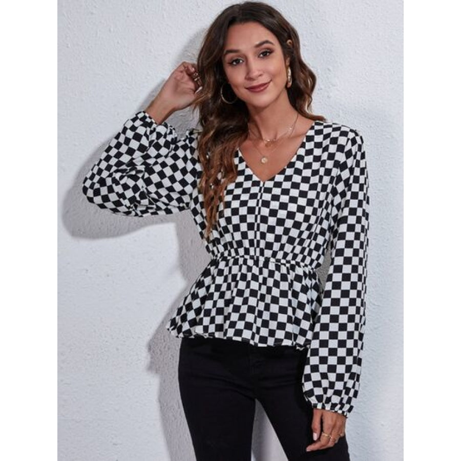 Checkered V-Neck Balloon Sleeve Peplum Blouse Clothing