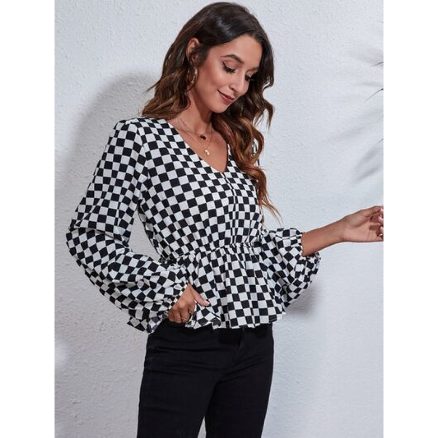 Checkered V-Neck Balloon Sleeve Peplum Blouse Clothing