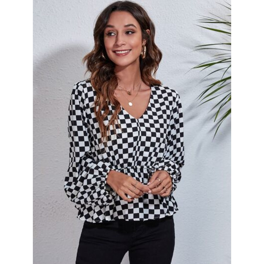 Checkered V-Neck Balloon Sleeve Peplum Blouse Plaid / S Clothing