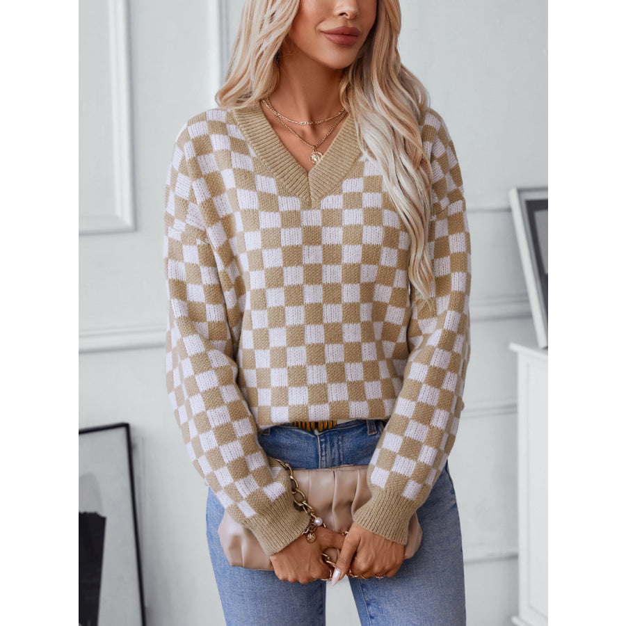 Checkered V-Neck Dropped Shoulder Sweater Apparel and Accessories