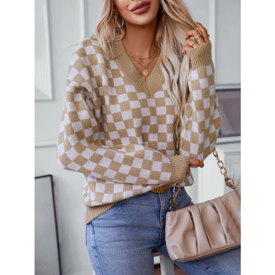 Checkered V-Neck Dropped Shoulder Sweater Apparel and Accessories