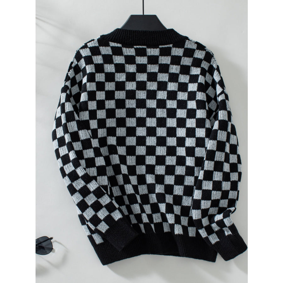 Checkered V-Neck Dropped Shoulder Sweater Apparel and Accessories