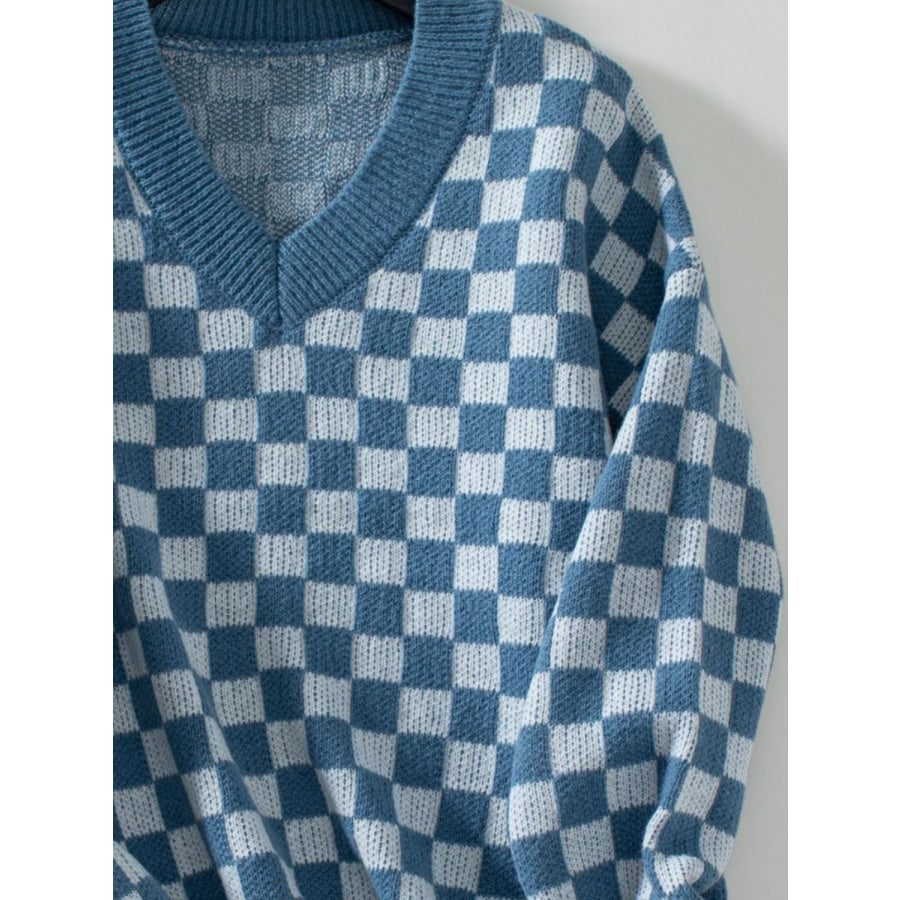 Checkered V-Neck Dropped Shoulder Sweater Apparel and Accessories